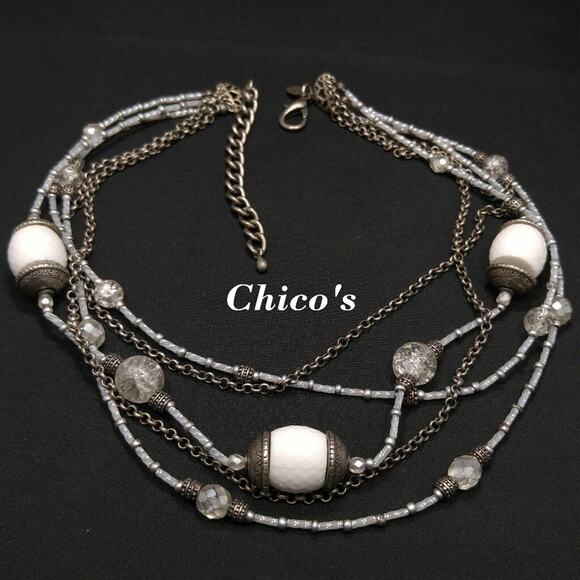 Chico's Women's Multistrand White Beaded Necklace, Silver Tone, 20 Inches - Picture 2 of 6